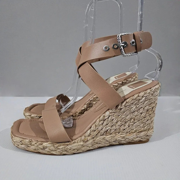 NEW Dolce Vita Aldona Wedge Size 12 Cafe Tan Leather Raffia Wrap Sandal Platform - Picture 1 of 14